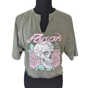Poison Band Graphic Cropped Tee Womens M Acid Washed Green Grunge Y2K Rocker